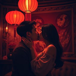 A warm and intimate setting depicting a couple engaged in a moment of sensual intimacy, surrounded by elegant Chinese decor
