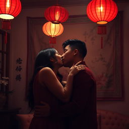 A warm and intimate setting depicting a couple engaged in a moment of sensual intimacy, surrounded by elegant Chinese decor