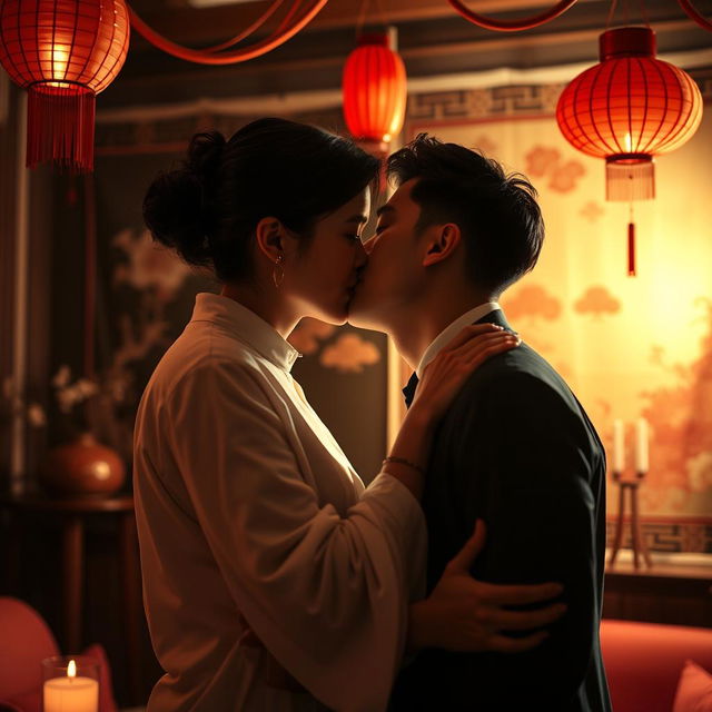 A warm and intimate setting depicting a couple engaged in a moment of sensual intimacy, surrounded by elegant Chinese decor