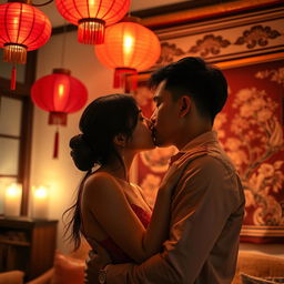A warm and intimate setting depicting a couple engaged in a moment of sensual intimacy, surrounded by elegant Chinese decor