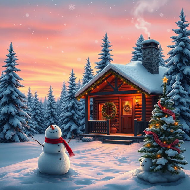 A beautiful holiday scene featuring a cozy cabin in a snowy landscape adorned with twinkling lights, snow-covered pine trees surrounding the cabin, a warm glow emanating from the windows, smoke gently rising from the chimney, and a festive wreath on the door