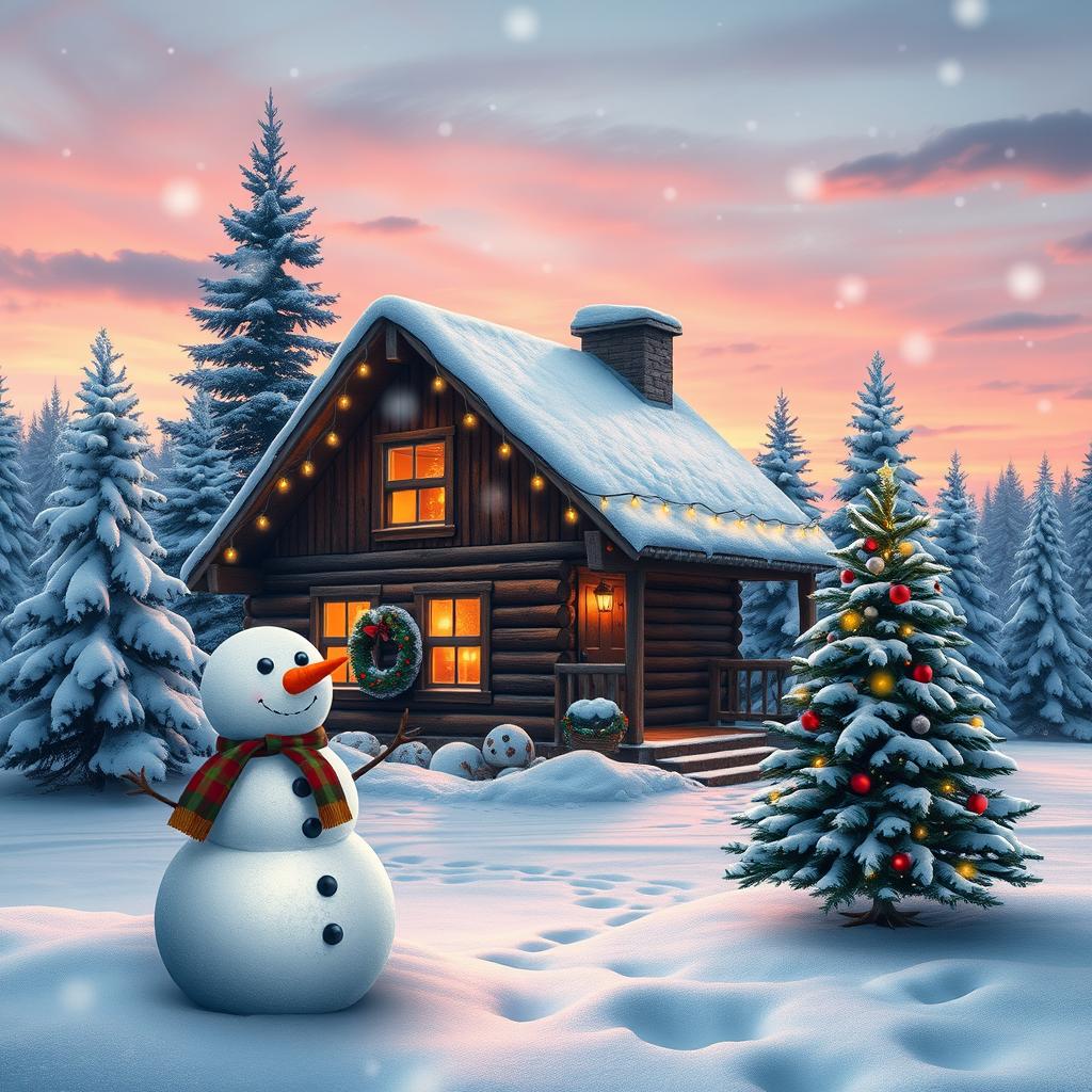 A beautiful holiday scene featuring a cozy cabin in a snowy landscape adorned with twinkling lights, snow-covered pine trees surrounding the cabin, a warm glow emanating from the windows, smoke gently rising from the chimney, and a festive wreath on the door