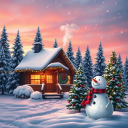 A beautiful holiday scene featuring a cozy cabin in a snowy landscape adorned with twinkling lights, snow-covered pine trees surrounding the cabin, a warm glow emanating from the windows, smoke gently rising from the chimney, and a festive wreath on the door