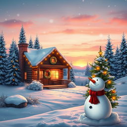 A beautiful holiday scene featuring a cozy cabin in a snowy landscape adorned with twinkling lights, snow-covered pine trees surrounding the cabin, a warm glow emanating from the windows, smoke gently rising from the chimney, and a festive wreath on the door