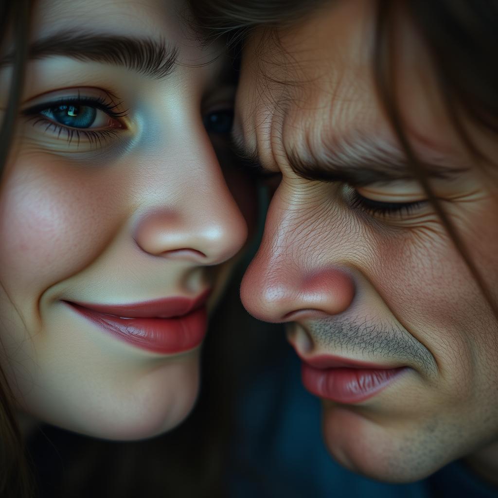 A close-up portrait illustrating two faces in intimate proximity