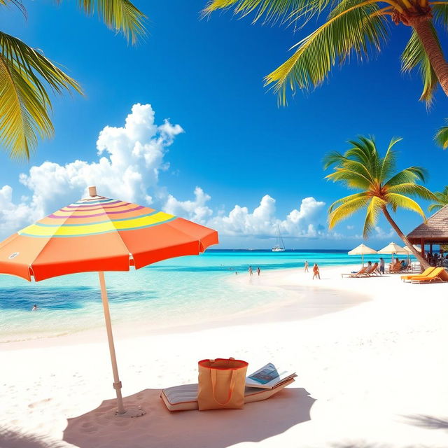 A vibrant travel scene depicting a tropical beach destination with soft white sands and crystal-clear turquoise waters