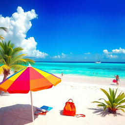 A vibrant travel scene depicting a tropical beach destination with soft white sands and crystal-clear turquoise waters