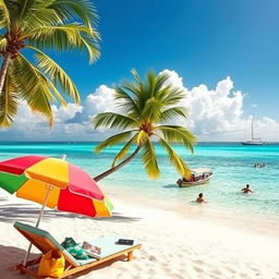 A vibrant travel scene depicting a tropical beach destination with soft white sands and crystal-clear turquoise waters