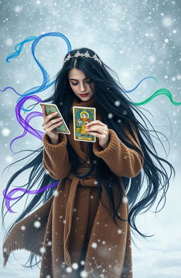 A small framed Italian woman with long, flowing black hair stands confidently in a swirling snowstorm