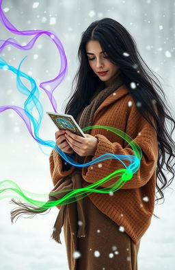 A small framed Italian woman with long, flowing black hair stands confidently in a swirling snowstorm
