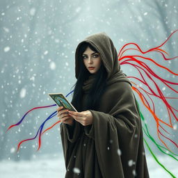 A small framed Italian woman with long black hair tucked under the hood of a heavy, warm cloak stands resiliently in a snowstorm