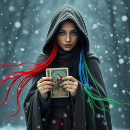 A small framed Italian woman with long black hair tucked under the hood of a heavy, warm cloak stands resiliently in a snowstorm