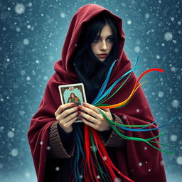 A small framed Italian woman with long black hair tucked under the hood of a heavy, warm cloak stands resiliently in a snowstorm