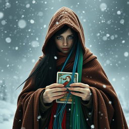 A small framed Italian woman with long black hair tucked under the hood of a heavy, warm cloak stands resiliently in a snowstorm