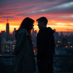 Two figures standing in an urban setting, facing each other against a dramatic city skyline at sunset