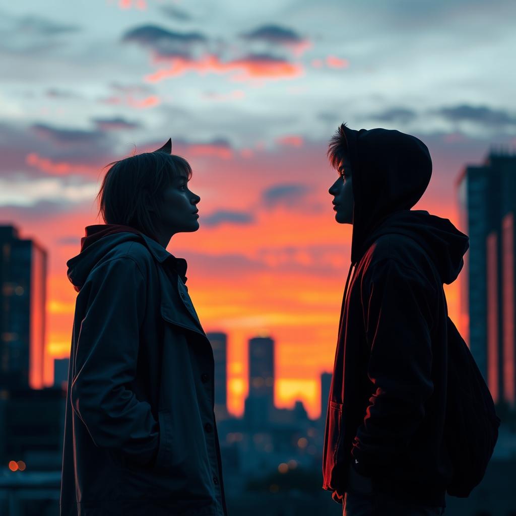 Two figures standing in an urban setting, facing each other against a dramatic city skyline at sunset