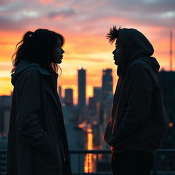 Two figures standing in an urban setting, facing each other against a dramatic city skyline at sunset
