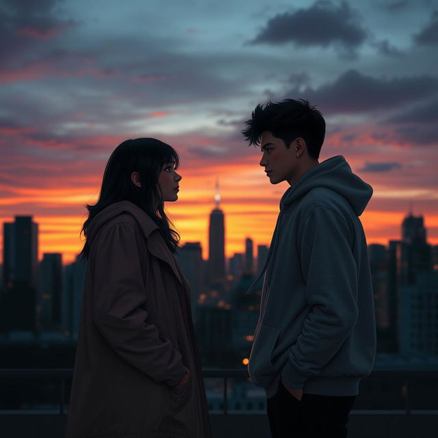 Two figures standing in an urban setting, facing each other against a dramatic city skyline at sunset