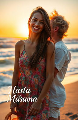A young woman with long, flowing brown hair in a vibrant summer dress meeting a man on a sunlit beach during her summer vacation