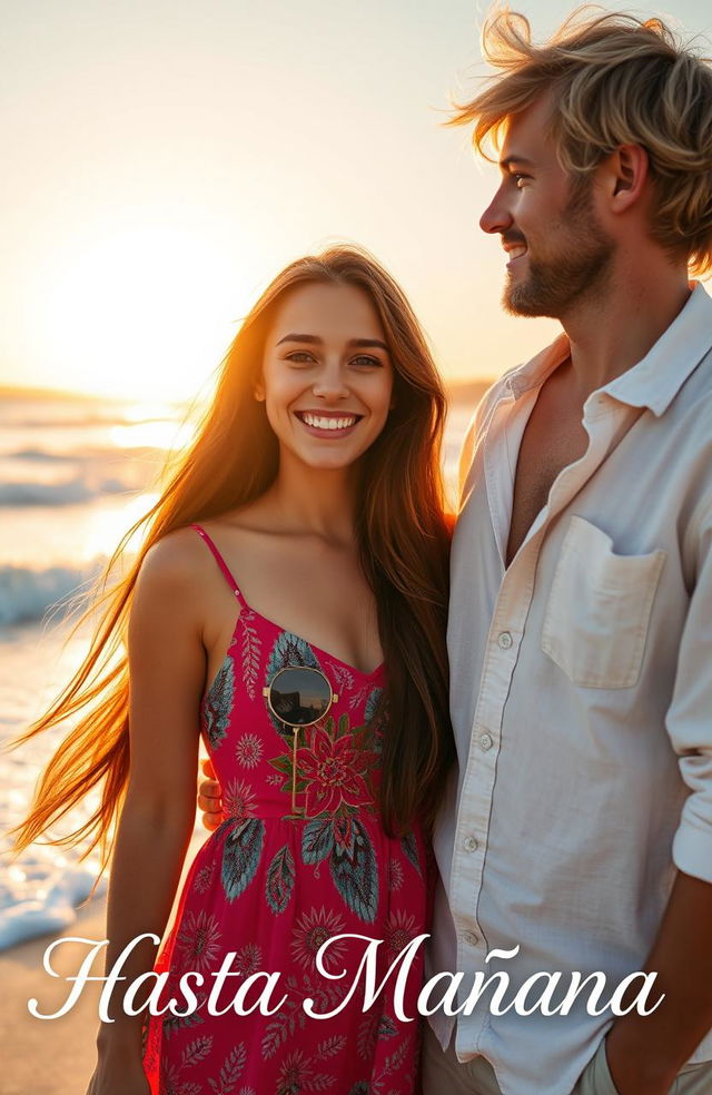 A young woman with long, flowing brown hair in a vibrant summer dress meeting a man on a sunlit beach during her summer vacation