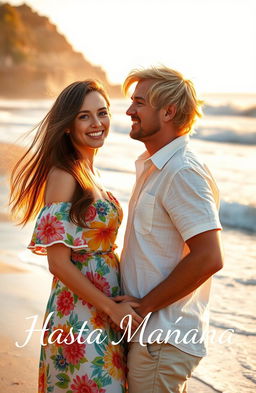 A young woman with long, flowing brown hair in a vibrant summer dress meeting a man on a sunlit beach during her summer vacation