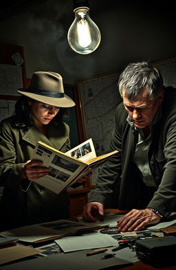 Two detectives in a dimly lit, smoky room, intensely examining evidence