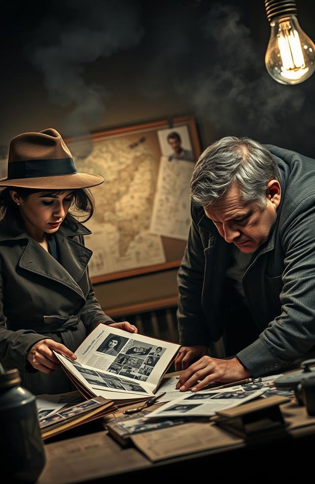 Two detectives in a dimly lit, smoky room, intensely examining evidence