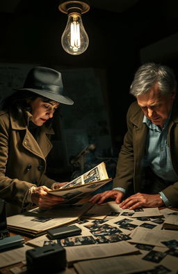Two detectives in a dimly lit, smoky room, intensely examining evidence