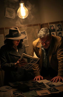 Two detectives in a dimly lit, smoky room, intensely examining evidence