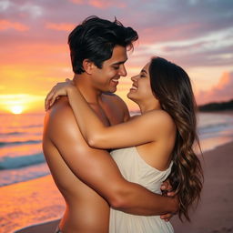 A romantic scene depicting a couple deeply in love, sharing an intimate embrace in a picturesque setting
