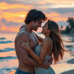 A romantic scene depicting a couple deeply in love, sharing an intimate embrace in a picturesque setting