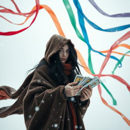 A small framed Italian woman with long black hair tucked under the hood of a heavy, warm cloak stands bravely in a snowstorm