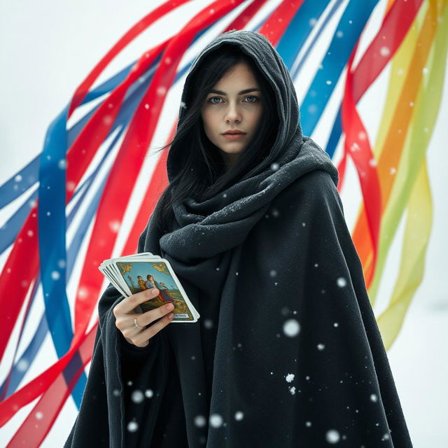 A small framed Italian woman with long black hair tucked under the hood of a heavy, warm cloak stands bravely in a snowstorm