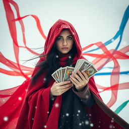 A small framed Italian woman with long black hair tucked under the hood of a heavy, warm cloak stands bravely in a snowstorm