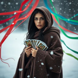A small framed Italian woman with long black hair tucked under the hood of a heavy, warm cloak stands bravely in a snowstorm