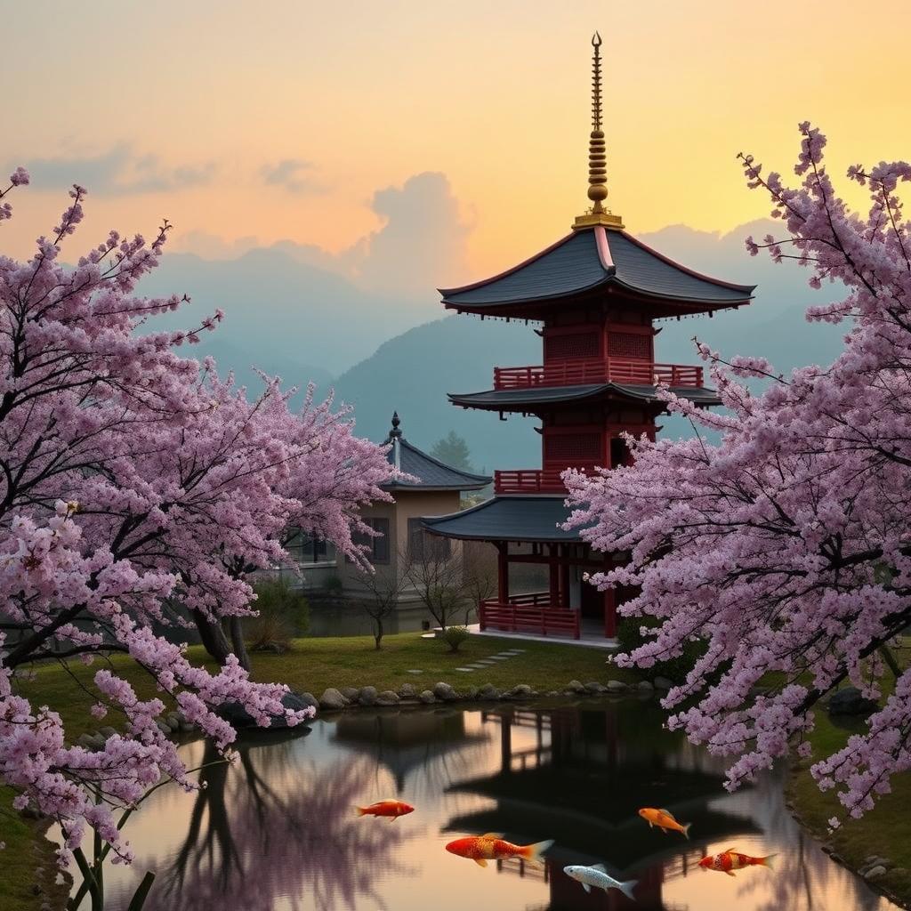 A serene Japanese landscape featuring a traditional wooden pagoda surrounded by cherry blossom trees in full bloom