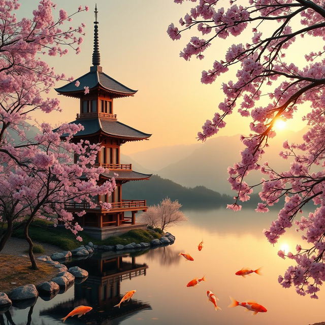 A serene Japanese landscape featuring a traditional wooden pagoda surrounded by cherry blossom trees in full bloom