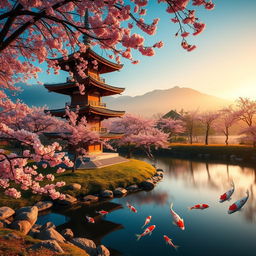 A serene Japanese landscape featuring a traditional wooden pagoda surrounded by cherry blossom trees in full bloom