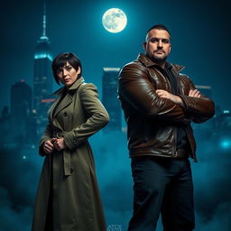 Two detectives standing back-to-back in a dramatic urban setting at night