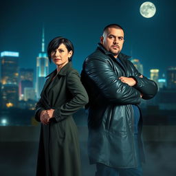 Two detectives standing back-to-back in a dramatic urban setting at night