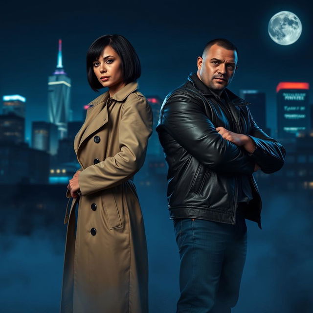 Two detectives standing back-to-back in a dramatic urban setting at night