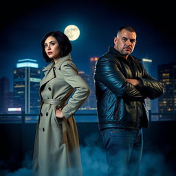Two detectives standing back-to-back in a dramatic urban setting at night