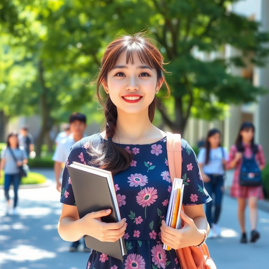 A cute young Japanese college student in a vibrant campus setting, wearing a fashionable dress with a playful floral pattern