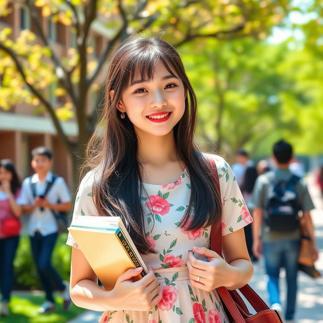 A cute young Japanese college student in a vibrant campus setting, wearing a fashionable dress with a playful floral pattern