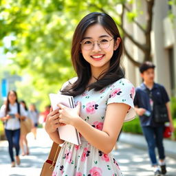 A cute young Japanese college student in a vibrant campus setting, wearing a fashionable dress with a playful floral pattern