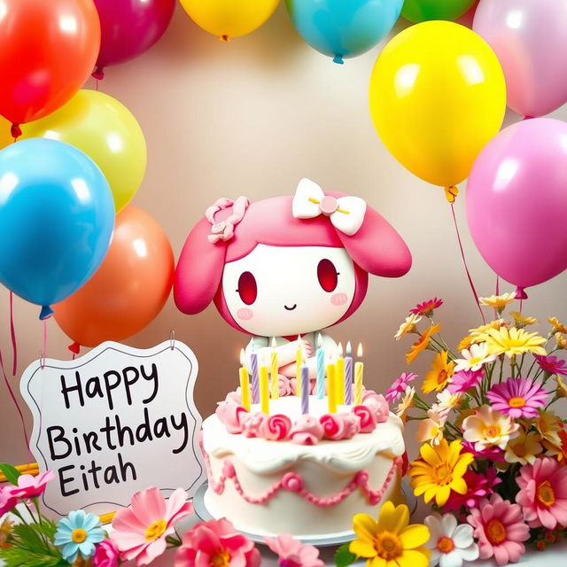 My Melody with a birthday cake surrounded by colorful balloons and a bouquet of flowers