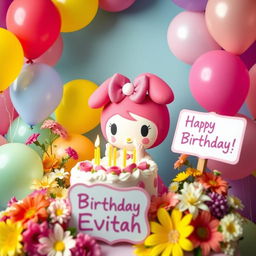 My Melody with a birthday cake surrounded by colorful balloons and a bouquet of flowers