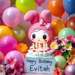 My Melody with a birthday cake surrounded by colorful balloons and a bouquet of flowers