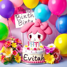 My Melody with a birthday cake surrounded by colorful balloons and a bouquet of flowers