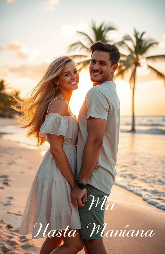 A romantic scene depicting a young woman with long flowing hair and a sun-kissed glow, smiling as she meets a handsome man with a charming expression